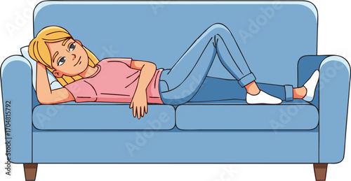 Relaxed Young Woman Reclining on a Light Blue Couch