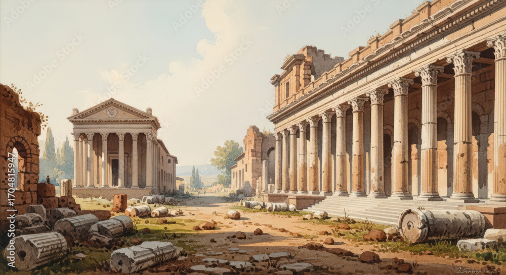 Fototapeta premium Watercolor Painting of Ancient Roman Ruins with Architectural Details A Scenic Depiction of Historical Landmarks and Archaeological Sites in a Classic Style