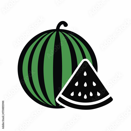 Watermelon and slice sit sidebyside on white surface, showcasing fresh fruit and simple food presentation, creating a clean and modern aesthetic.