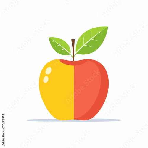 Halved apple displays two colors on white surface, representing duality and contrast in a simple, modern style with vibrant hues and clean lines.