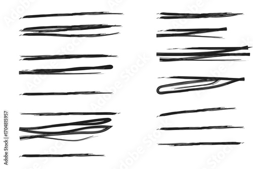 Black color crayon underline set - horizontal hand drawn chalk or marker highlighter strokes. Rough textured pencil lines with textured edges. Design elements for emphasizing text or decorative accent