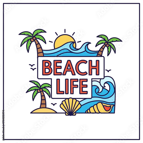beach life illustration palm trees ocean waves  seashells creating a tropical summer vacation scene great for travel  tourism promotions