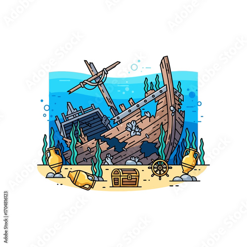 Sunken shipwreck with ancient artifacts on the seabed amidst seaweed and a treasure chest depicting underwater mystery and historical discovery.