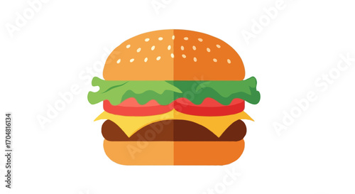 Flat vector single icon of a burger with golden bun, green lettuce, red tomato, cheese slice, and beef patty, minimal flat colorful gradient style, isolated on white background