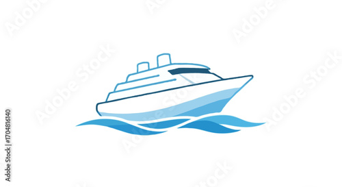 Flat vector single icon of a white cruise ship with blue waves, minimal flat colorful gradient style, isolated on white background