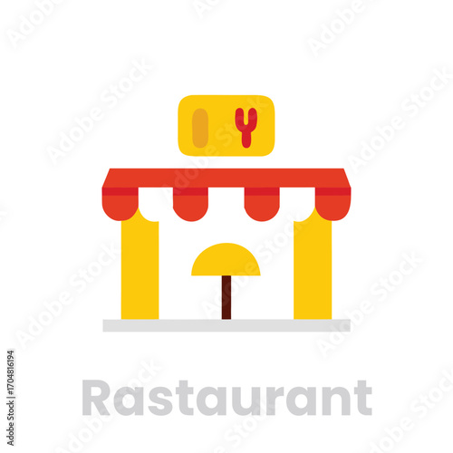 Restaurant icon isolated on white background the icon shows a building with a sign and an umbrella, representing a place to eat and drink