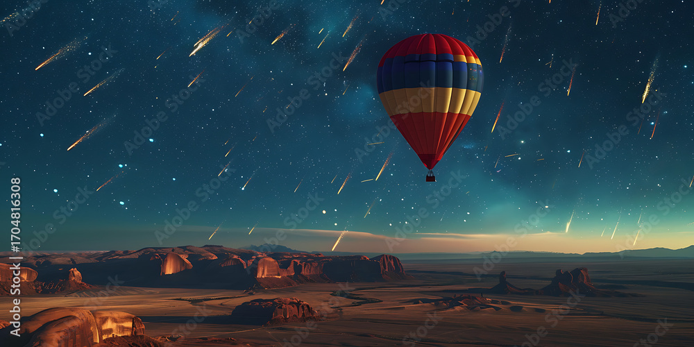 Obraz premium Vibrant hot air balloon drifts through a starry night sky filled with meteor showers over a desert landscape.