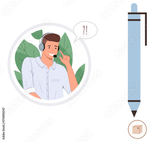 Man wearing a headset speaking, speech bubble, surrounded by leaves, minimalist pen with box icon. Ideal for customer support, communication, logistics, delivery inquiry service teamwork. Simple