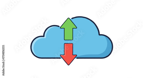 Flat vector single icon of a blue cloud with green upload arrow and red download arrow, colorful minimal gradient style, isolated on white background
