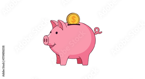 Flat vector single icon of a pink piggy bank with a golden coin inserted, minimal flat colorful style with gradient, isolated on white background
