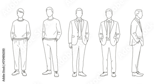 Mens fashion styles illustration showcasing diverse outfits perfect for style guides illustrating everyday apparel and visual merchandising.
