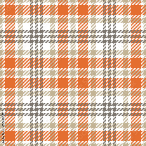 Seamless orange color check pattern. Repeating patern plaid. Checkered design for prints. Repeated tartan fabric. Vector scottish fabriс. Ekose texture. Madras flannel. Checker line. Stripe gingham