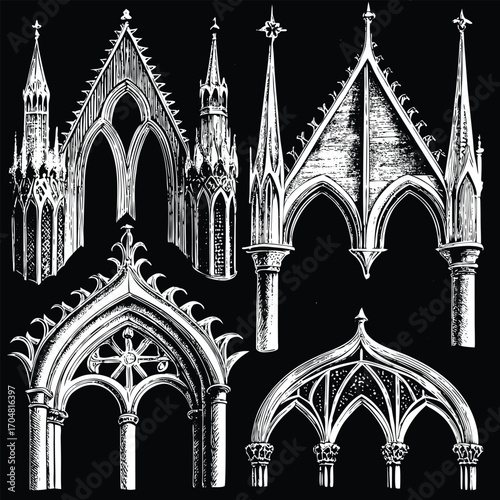 Gothic architecture engravings collection featuring vintage medieval church and cathedral detailed vector illustration