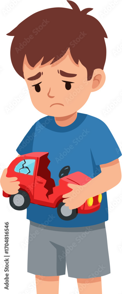 Fototapeta premium Sad Child Holding Broken Toy Car, Expressing Disappointment and Sorrow.