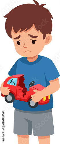 Sad Child Holding Broken Toy Car, Expressing Disappointment and Sorrow.