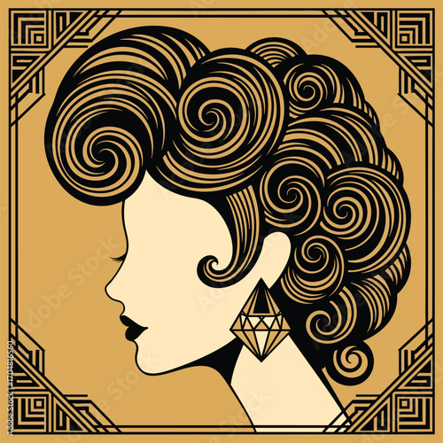 Art Deco style illustration of a womans profile with an elaborate swirled hairstyle and a large diamond earring.