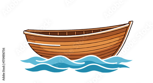 Vector single icon of a small wooden fishing boat in brown wood color with blue water waves under it, realistic style, isolated on white background