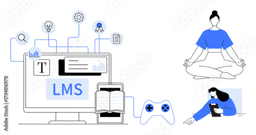 LMS interface on screen with learning materials, mobile and gaming setup. Female students multitasking with devices and meditation. Ideal for education, technology, learning, focus, wellness