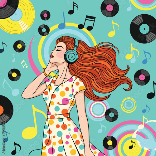 Pop art illustration of a beautiful redhead woman in headphones enjoying music.