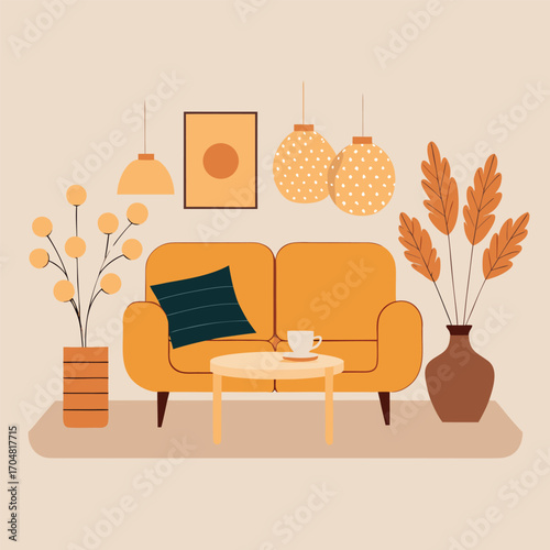 Modern concept of living room interior with design furniture architecture lifestyle cozy vector illustration