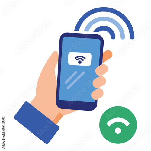 Nfc technology hand holding phone contactless wireless mobile payment digital transaction vector artwork