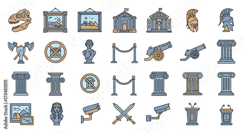museum icons collection showcasing exhibits of art historical artifacts and security measures perfect for education or cultural promotion.