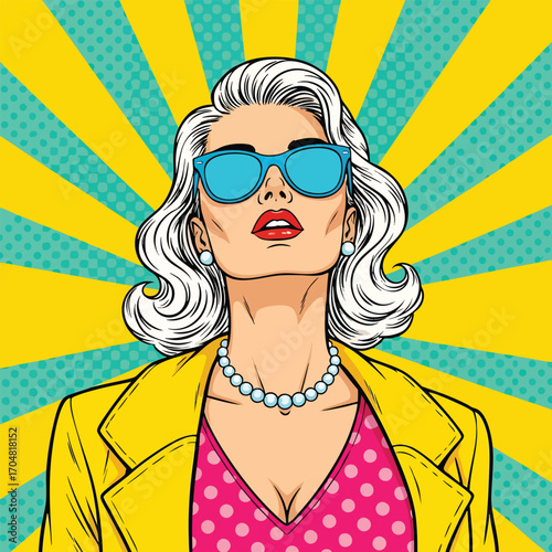 Pop art illustration of a glamorous woman with white hair blue sunglasses and a yellow jacket.