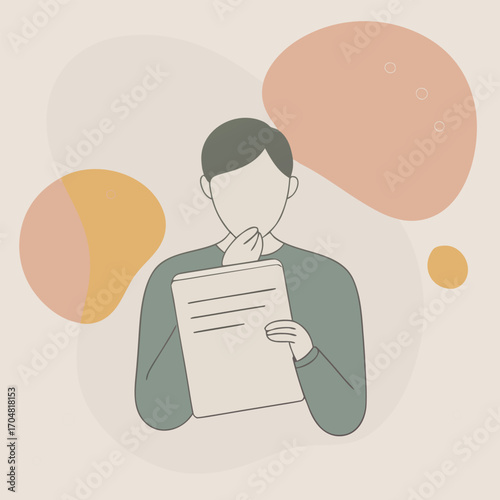 Person deep in thought with a tablet large text page studying learning concentration vector design