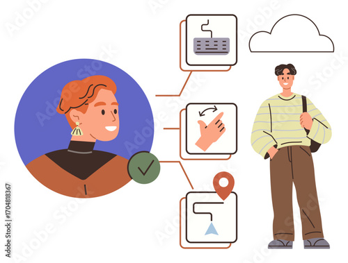 Person standing confidently with task-related icons, checkmark, and cloud symbolizing productivity, workflow, personal growth, and achievement. Ideal for teamwork, goal-setting, time management