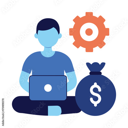 Person with laptop seated next to dollar bag and cash symbol finance online work economy vector illustration