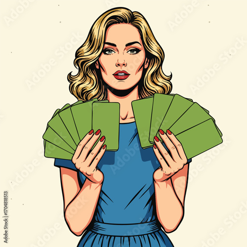 Pop art illustration of a stylish blonde woman in a blue dress holding two fans of blank green cards.
