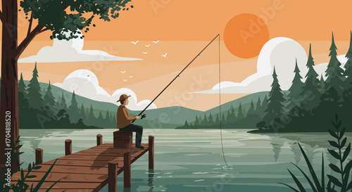 fisherman angling from a wooden dock on a tranquil lake at sunset surrounded by a forest portraying a serene outdoor hobby and peaceful nature