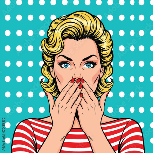 Pop art illustration of a shocked blonde woman with blue eyes and red nails covering her mouth.