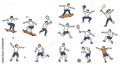 diverse athletes playing various sports skateboarding tennis soccer basketball active lifestyle promoting teamwork and physical activity wellbeing