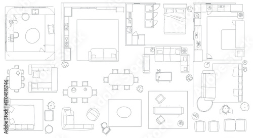 floor plan layouts showcasing various room designs and furniture arrangements for architectural visualization  interior design projects providing inspiration.