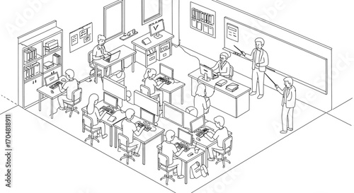 computer lab classroom with students learning programming teachers instructing showcasing education training in a tech-driven environment.