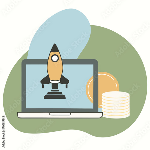 Rocket liftoff microscope on laptop screen stack scientific research exploration technology vector artwork