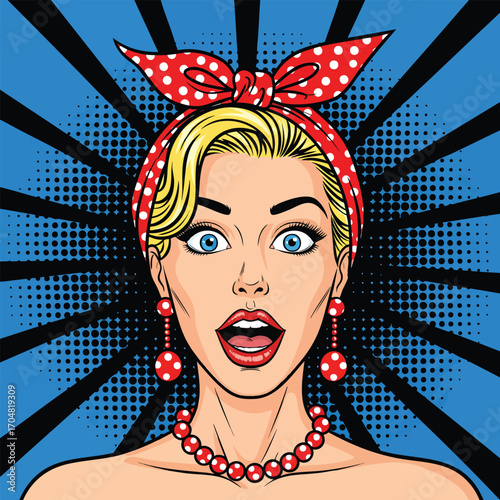 Pop art illustration of a surprised blonde woman wearing a red polkadot bandana.