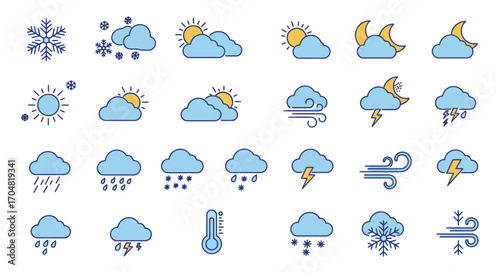 Weather forecast icons showing various atmospheric conditions including sun clouds rain snow and wind illustrating meteorology and climate prediction.