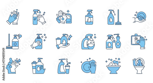 Cleaning and disinfection icons surface cleaning hand washing dishwashing toilet cleaning representing hygiene safety sanitization.