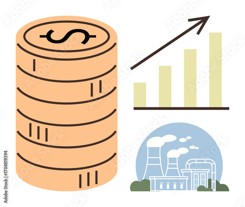 Stacked coins with dollar sign, upward bar chart, and industrial factory with smoke represent financial growth, industry progress, and economic development. Ideal for economics, trade