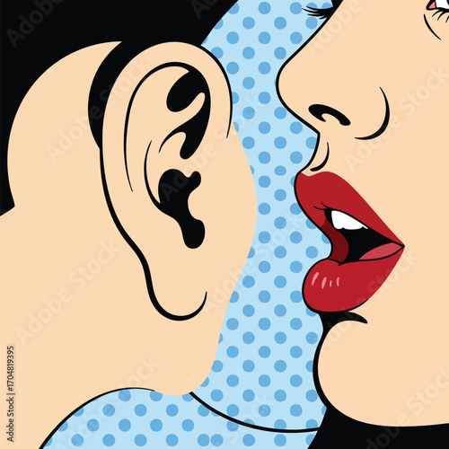 Pop art illustration of a woman whispering a secret into a mans ear.