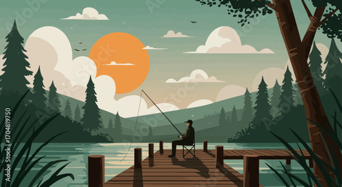 man fishing off pier enjoying a relaxing sunset at lake surrounded by pine trees evoking tranquility and summer recreation perfect for travel blog