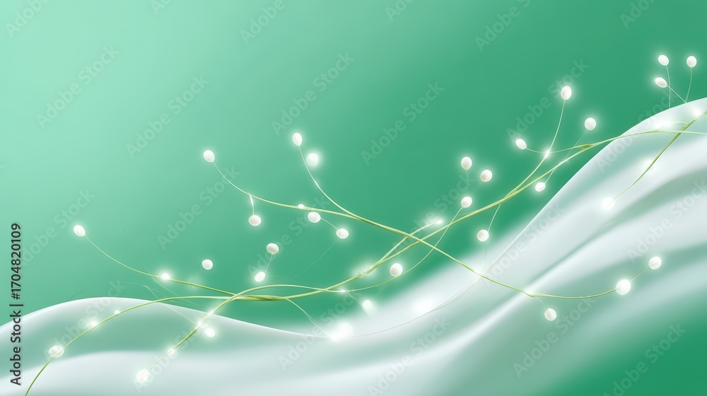 Fototapeta premium Minimal white to mint gradient with glowing data vines, organic-tech nodes, and floating luminous spores, biopunk-inspired futurism