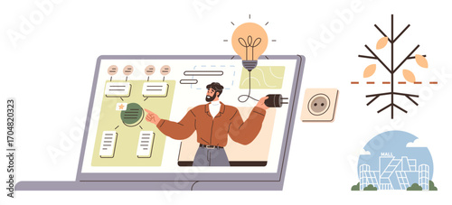 Speaker delivering energy-saving tips through virtual presentation on a laptop. Background shows energy, growth, and innovation themes. Ideal for sustainability, online learning, eco-innovation