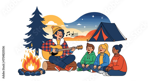 Friends enjoy a cozy campfire at night, singing songs with a guitar, under a starry sky with a tent and pine tree, perfect for outdoor adventures and summer vacations