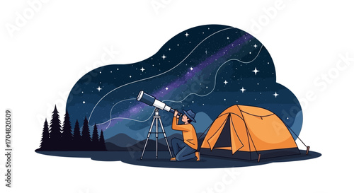 Illustration of a person stargazing through a telescope next to a tent under a starry night sky with mountains in the background, perfect for astronomy or camping themes