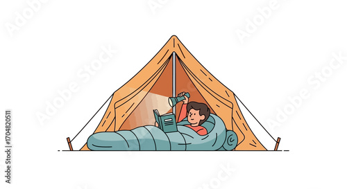 Illustration of a person lying in a sleeping bag inside a tent, reading a book and using a flashlight for light during a camping trip or outdoor adventure, symbolizing relaxation and exploration