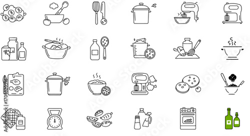 cooking ingredients and utensils icons representing culinary preparation and kitchen tools for recipe illustrations and cooking blogs line art style