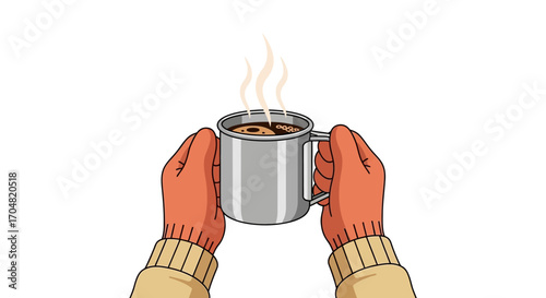 Cozy winter vibes Hands in warm mittens holding a steaming mug of hot beverage, perfect for a chilly day, evoking comfort and relaxation with a warm drink